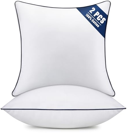 Throw Pillow Inserts Set of 2-Fluffy Square Cushions with 100% Cotton Covers-Decorative White Pillow Fillers for Sofa, Bed, Couch, Living Room, Indoor Hotel Pillows (20x20 Inch (Pack of 2)-Blue Edge)