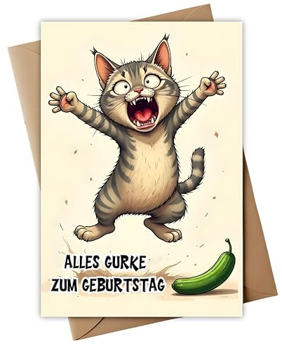 Lustige Geburtstagskarte A6 mit Umschlag | Humorvolle Glückwunschkarte ‚Alles Gurke‘ mit Katze | Süße Klappkarte für Freunde, Partner, Männer & Frauen
