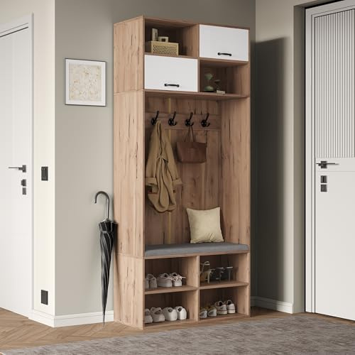 Kebnor Set completo appendiabiti da corridoio con panchina, 5 ganci, 2 ante e 6 spazio aperto, colore legno naturale e bianco, 80 x 185 x 35 cm (larghezza x altezza x profondità)