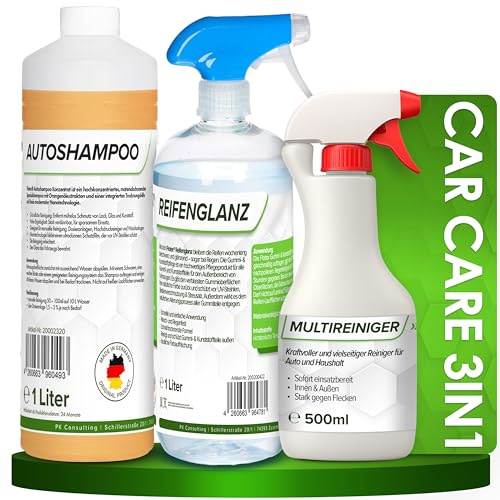 FLOTEX Car Care 3in1 Bundle Set 1L | Autoshampoo 1L + Reifenglanzpflege 1L + Multireiniger 500ml| Ganzheitliche Autopflege für Auto Innenraum, Reifen, Lack und Felgen | Made in Germany