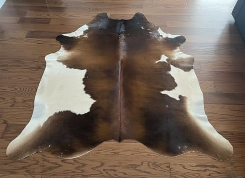 BK.LEATHER NEW 100% NATURAL COWHIDE RUGS BROWN AUSTRALIAN COWS FUR SKINS CARPET AREA S-3XL (Authentic Brown & White, Medium : 135-130 cm)