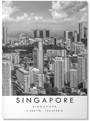 Schwarz-Weiß-Reise-Poster, Weltstadt, Landschaft, Leinwand, Gemälde, Singapur, Wandkunst, Bild, Heimdekoration, 30 x 45 cm, ungerahmt