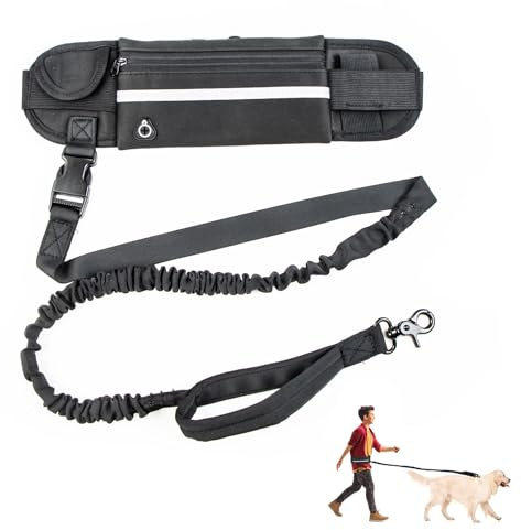 Hundkoppel med fria händer, justerbart höftsele för promenader med hund för löpning, promenader, vandring med höftsele, Svart