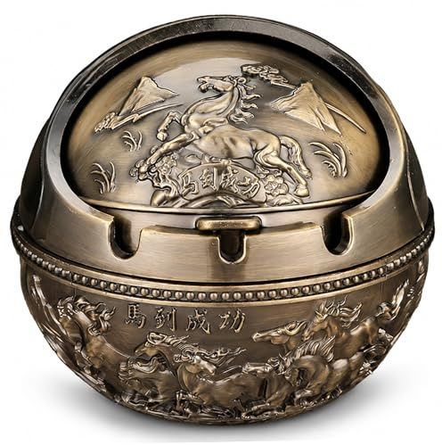 Ashtray Funny, Funny Odorproof Ashtray with Rotating Lid Small Bronze Alloy Spherical Decor, Success, Odorproof