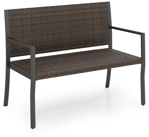 COSTWAY Gartenbank Wetterfest, Polyrattan Sitzbank mit schaumstoffgepolstertem Sitz, 2-Sitzer Balkonbank bis 360 kg belastbar, Terrassenbank für Garten, Balkon & Terrasse, 110 x 55 x 84 cm (Braun)