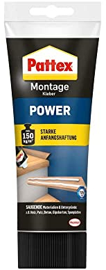 Pattex Montagekleber Power, Baukleber mit starker Anfangshaftung, Kraftkleber für saugende Materialien, Kleber für innen & außen, 1 x 250g