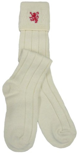 W. Brewin - Chaussettes hautes de kilt - homme - broderie lion rampant - écru avec lion rouge - 39-42