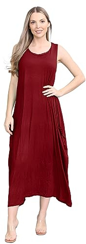janisramone® Womens Parachute Italian Lagenlook Midi Dress, Sleeveless Round Neck Stretchy Tulip Dress, Plain Long Summer Dresses for Women UK, Casual & Holiday Ladies Midi Dresses Wine