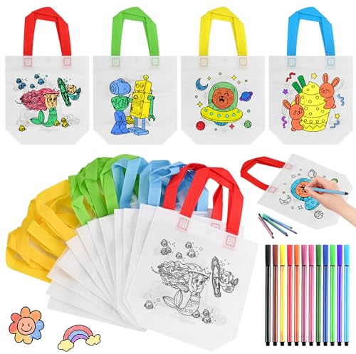 DIY Kinder Stoffbeutel zum Bemalen Set,GOLDGE 10 Stück Tragetasche12 Kreidemarker Buntstift DIY Graffiti Taschen Kindergarten Geburtstagsfeier Schulen Geschenke Bastelsets für Kinder