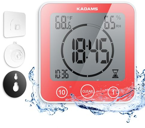 KADAMS Digital Bathroom Shower Kitchen Clock Timer with Alarm, Waterproof for Water Splashes, Visual Countdown Timer, Time Management Tool, Indoor Temperature Humidity, Suction Cup, Hole Stand - Blue