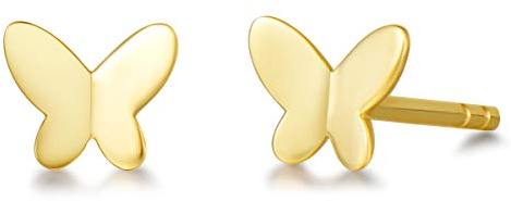 Solide 14 Karat 585 Gelb Gold Schmetterling Anhänger Kette Halskette/Ohrstecker Ohrringe klein Basic Minimalist Echt Schmuck für Damen Mädchen mit Geschenk Box