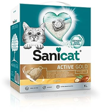 Sanicat – Klumpstreu Active Gold mit Arganduft | Hergestellt aus natürlichen Mineralien mit garantierter Geruchsbindung | Absorbiert die Feuchtigkeit und erleichtert die Reinigung | Packungsgröße 6 l