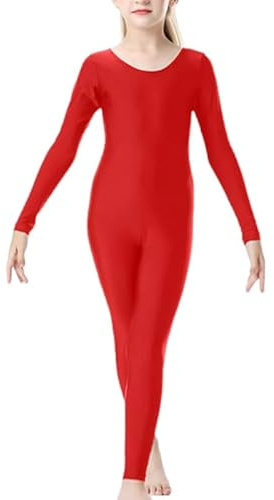 BODYWEAR LTD Girls Full Sleeve Footless Catsuit Scoop Neckline Footless Dance Unitard for Ballet, Dance, Acrobatics, Gymnastic Performance (Red, 9-10 Years)