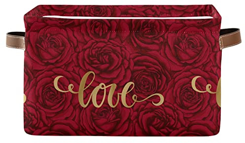 senya Valentines Storage Basket, Large Foldable Storage Basket with Handles, Love on Romantic Rose Fabric Collapsible Storage Bins Organizer Bag for Storage