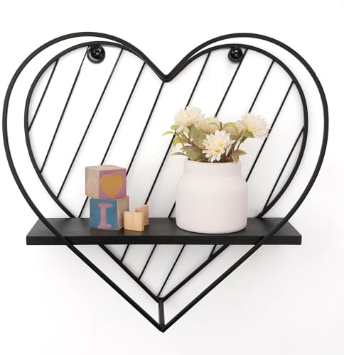 SUMGAR Floating Shelves for Wall, Black Wood Shelves with Heart Metal Frame