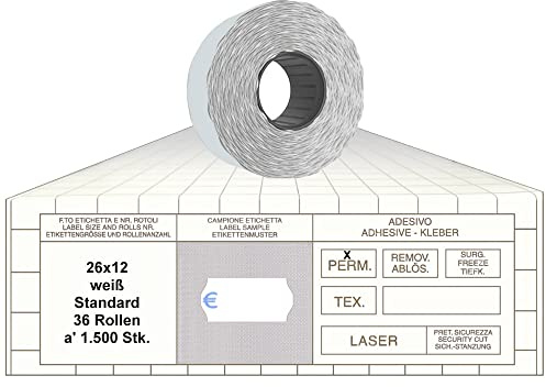 Preisauszeichner Etiketten Eurozeichen 26x12 Standard weiß 36 Rollen permanent Preisetiketten für Smart Printex Tovel Contact Meto Blitz