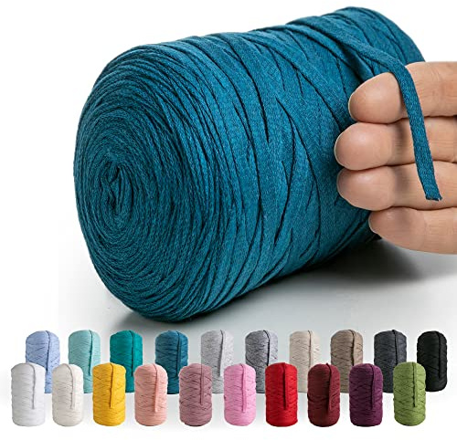 MeriWoolArt® Baumwollgarn Band Blau - 10mm T-Shirt Band Garn für Stricken, Makramee, Häkeln, Weben, Geschenkband - 150 m Baumwollband (Meer)