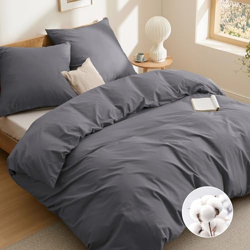 BEDSURE Bettwäsche 200x200 Baumwolle 3tlg. - Dunkelgrau 2x80x80 Kissen | 100% Baumwolle Bettwäsche-Sets mit Reißverschluss, OEKO-TEX, Weich, Sicher, Atmungsaktiv, Hautfreundlicher Komfort