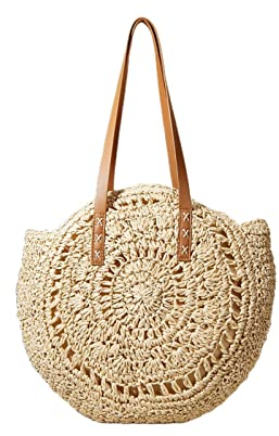 Handgewebte Strohtasche für Damen, Sommer, Strand, Stroh, Schultertaschen, runde Tragetasche, große Handtaschen, Geldbörsen, Beige