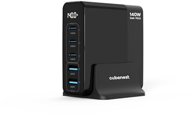 Cubenest 140W USB Ladestation | 2 x USB A + 3 x USB C Ladegerät mit LCD Display | GaN Ladegerät USB C | PD 3.0, 5-Port Power Adapter kompatibel mit MacBook Pro/Air, iPhone 14 Pro Max/Pro/14 usw.
