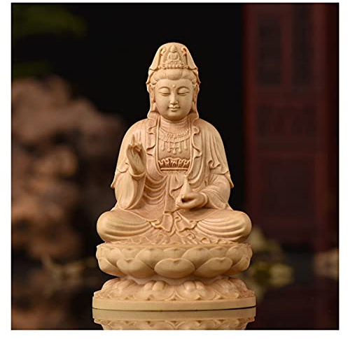 Guanyin Buchsbaum Guanyin sitzend auf Lotus Ornament Meditation Gebetsstatue Figur buddhistische Göttin der Barmherzigkeit, kleine Buddha-Statue Good