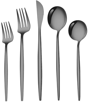 HYEIOL Besteck Set Schwarz für 6 Personen, 30 teilig Edelstahl Cutlery, Stainless Campingbesteck mit Löffel, Messer, Gabel, Poliert Travel Essbesteck, Spülmaschinenfest