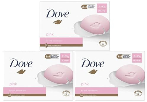 Dove Pink Soap Bar Moisturising Beauty Cream Pack of 3, Gentle Cleansing Bar with Moisturising Cream, Hydrating Soap for Soft Smooth Skin, Suitable for Face & Body, 2 x 90g