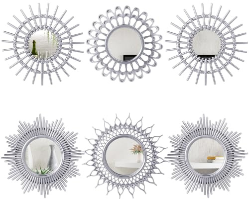 Namalu 6 Stück Wanddeko Spiegel Kleine Kreisform Sonnenspiegel Espejos Dekorative Wandkunst Eingangsspiegel Hängende Kreis Spiegel für Wand Haus Badezimmer (Silber, Klassisch)