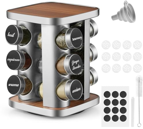 Moreau Gewürzregal,Gewürzständer Für Die Küche,Gewürz Organizer Aus Edelstahl Mit 12 Gewürzgläsern à 100 Ml, Gewürzregal Stehend Um 360 ° Drehbar,Mit Trichter, Etikett,Stift Und Reinigungsbürste