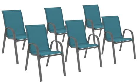IDMarket - Juego de 6 sillas de jardín LYMA metal y textileno apilables azul pato