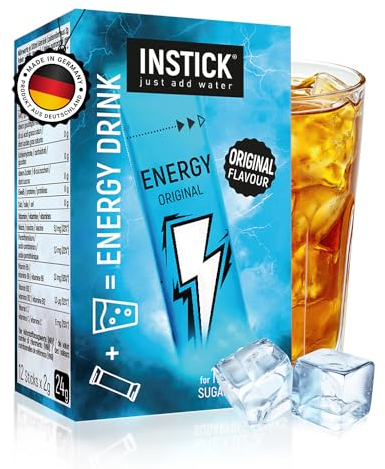 INSTICK Zuckerfreier Energydrink (Original) - Kalorienarmes Energy Getränkepulver mit Koffein & Vitaminen - Instant-Pulver für 12 x 0,25 L