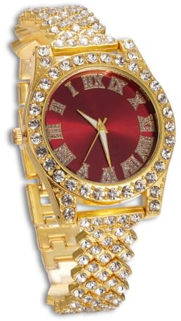 Genkigold Diamantklocka för pojkar – rund urtavla 37 mm med romerska siffror i 3 färger – 18K guld/platinapläterad 20 cm rem, inklusive presentask, kan kombineras med kubansk kedja, Guldklocka - Röd