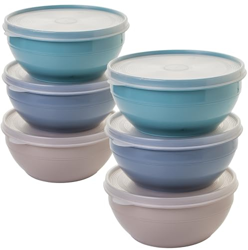 SUSTANIA Schüssel mit Deckel 1.5l, 6er Rührschüssel, Salatschüssel mit Deckel, Schüssel set aus BPA-frei Kunststoff (PP), Farbe: hell grau, pastell rosa, pastell grün, Transparent Deckel, Made in EU