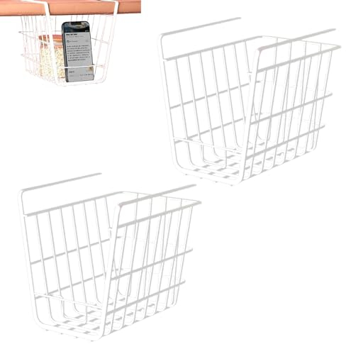 Paquet De 2 Paniers De Rangement Suspendus Sous étagère, Paniers De Rangement Suspendus Sous étagère En Fil Blanc Avec Support De Téléphone, étagère Métallique Suspendue Sous étagère De Rangement