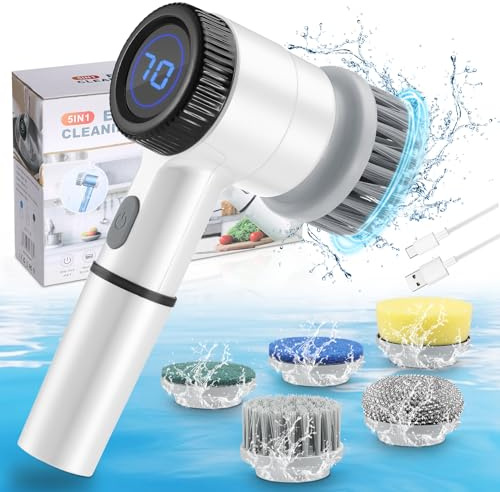 Kairey Spazzola Elettrica per Pulizia, Spazzola Rotante Pulizia Casa Senza Fili Scrubber Rotante Ricaricabile con 5 Testine 3 velocità per Bagno, Cucina, Pavimento, Auto