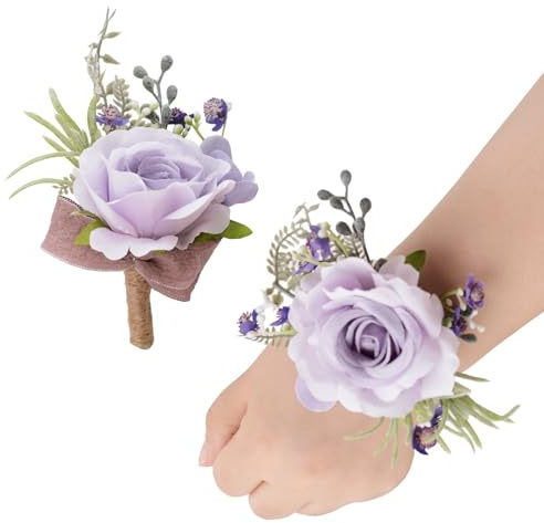 URROMA Set di bouquet da polso e fiore all'occhiello per matrimonio, rosa viola chiaro artificiale, fiore da polso per laurea, ballo di fine anno, addio al nubilato