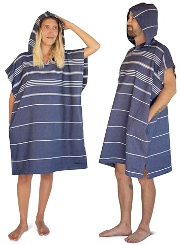 LeStoff Badponcho – 100 % ekologisk bomull – lätt, absorberande, snabbtorkande, strandponcho huva, handdukponcho, surfponcho, omklädningskappa, handduksklänning, duschponcho, flytponcho, (marinblå, S)
