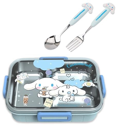 Roffatide Cartoon Carino Cinnamoroll Stampato All-in-One Bento Scatole con Cucchiaio Forchetta Kawaii 4-Point Lock Tipo Lunch Box Contenitori per Food Frutta Snack