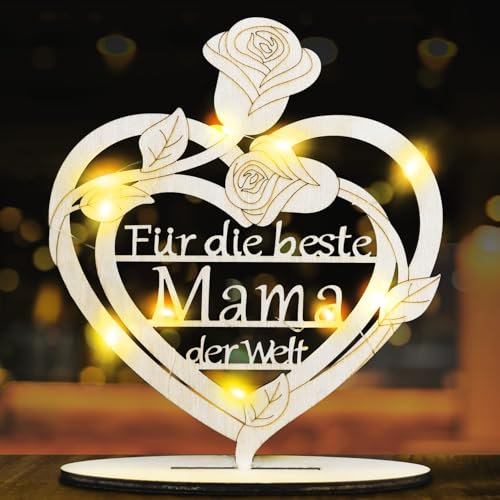 Geschenke für Mama Beste Mama der Welt Holz Herz Deko mit LED, Mutter Geschenke Beste Mama Geburtstagsgeschenk Muttertagsgeschenk für Mama Geschenk Geburtstag Weihnachten Muttertag.