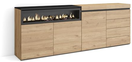 Skraut Home | Sideboard, Kommode | Aufbewahrungsschrank | 207x75x35 cm | Für Schlafzimmer, Zimmer | Elektrokamin. | Kommode mit Schubladen | Moderner Stil | Eiche