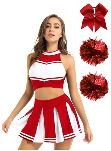 Alvivi 4tlg.Damen Cheer Leader Kostüm Cheerleading Uniform Crop Tops + Rock + Pompoms + Haarband Halloween Karneval Fasching Kostüm Rot S