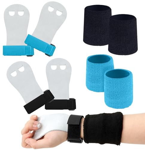 ZYNERY 2 paia di guanti da palestra + 2 paia di polsini sportivi, protezione palmo da palestra, bambini adulti in pelle con manici per sollevamento pesi, ginnastica, crossfit/sport trazione, colore:
