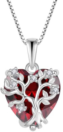 FJ Collar Árbol de la Vida Plata de Ley 925 Colgante Corazón Piedra de Nacimiento Enero Collar Granate Joyas Regalos para Mujer Esposa Mamá