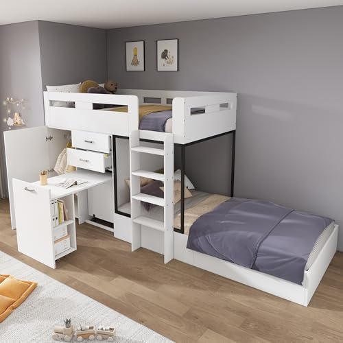 Dolamaní Etagenbett 2 Kinder 90x200 cm mit Ausziehbarer Schreibtisch und Garderobe, Kinderbett Hochbett Mit Schublade & Regale & Leitern (Weiß)