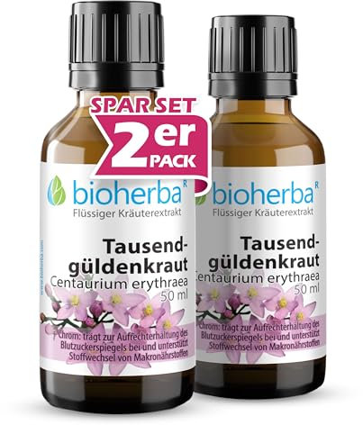 2 Stk. Tausendgüldenkraut Tropfen, Tinktur 50 ml – Centaurium erythraea Flüssig-Extrakt mit Chrom für den normalen Blutzuckerspiegel, Vegan von BIOHERBA PZN 17187830