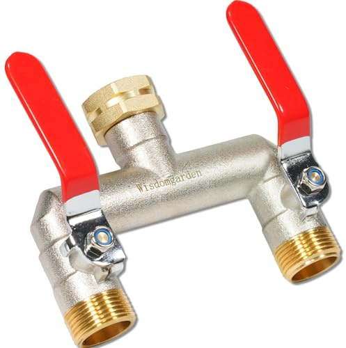 Distribuidor de agua latón niquelado, 2 vías con asas de extensión rojas, conexión hexagonal de 3/4 pulgadas