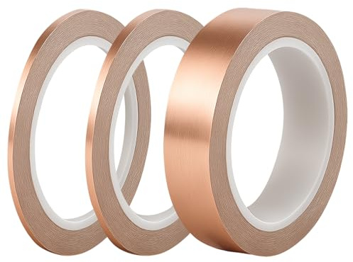 3 rouleaux de ruban de cuivre, 3 mm/ 5 mm/ 30 mm x 20 m ruban de cuivre auto-adhésif, ruban de blindage conducteur, pour les réparations électriques, les travaux de soudure, la production artisanale
