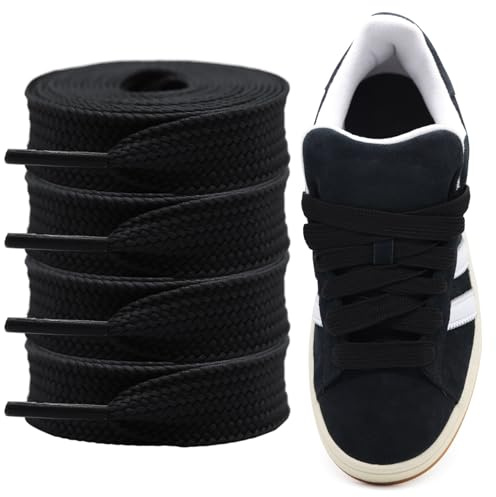 Shecret Fermacavi Spessi per Adidas Campus 00s, Confezione da 2 Paia Lacci Spessi Piatta e Larga da 15mm, Lacci di Ricambio per Scarpe da Ginnastica - Nero