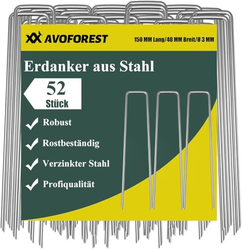 AVOFOREST 52 Stück Erdanker Stahl verzinkt,Erdanker Bodenanker Garten Heringe Erdnägel Stabil 150 x 40 x 3 mm mit Handschuhen, Anti-Rost Erdnägel für Unkrautvlies Gartenvlies Zaun Camping