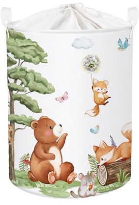 HUUMONSS Groß Wäschekorb Wasserdicht Aufbewahrungskorb für Kinder, 63L | Aufbewahrungsbox mit Stoff, Kleidung Spielzeug Buch Decke, Junge Mädchen Kinderzimmer Badezimmer Waschküche, Waldtiere